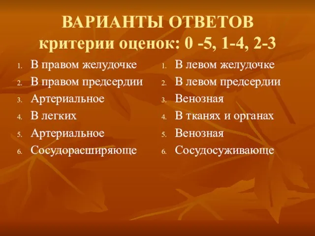 ВАРИАНТЫ ОТВЕТОВ критерии оценок: 0 -5, 1-4, 2-3 В правом желудочке В