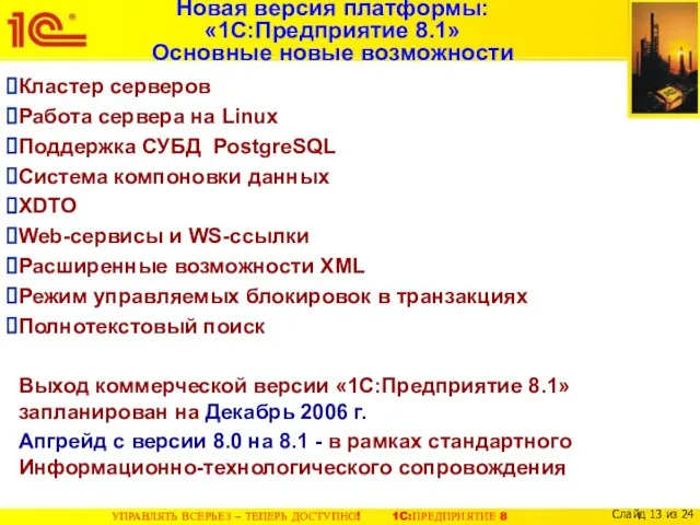 Новая версия платформы: «1С:Предприятие 8.1» Основные новые возможности Кластер серверов Работа сервера