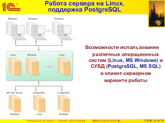 Работа сервера на Linux, поддержка PostgreSQL Возможности использования различных операционных систем (Linux,