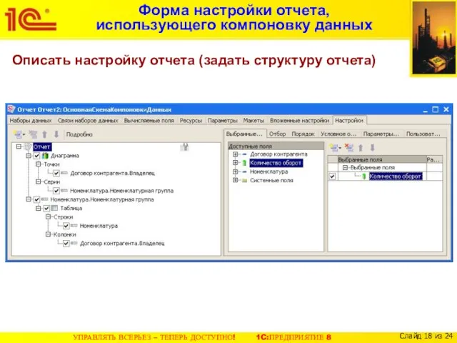 Форма настройки отчета, использующего компоновку данных Описать настройку отчета (задать структуру отчета)