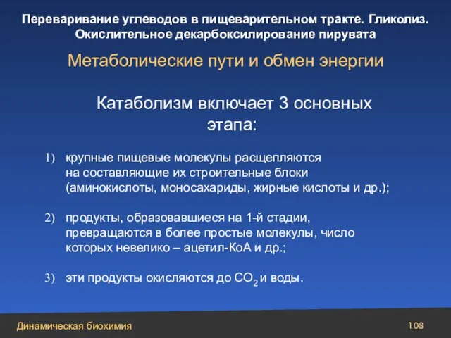 Катаболизм включает 3 основных этапа: крупные пищевые молекулы расщепляются на составляющие их