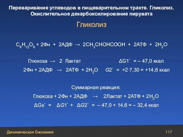 С6Н12О6 + 2Фн + 2АДФ → 2СН3СНОНСООН + 2АТФ + 2Н2О Глюкоза