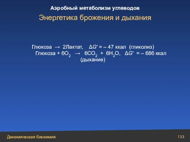 Глюкоза → 2Лактат, ΔG′ = – 47 ккал (гликолиз) Глюкоза + 6О2