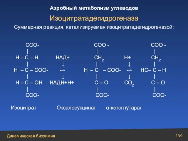 Суммарная реакция, катализируемая изоцитратадегидрогеназой: COO- СОО - СОО - | | |