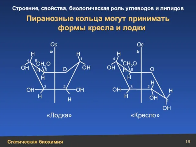 Пиранозные кольца могут принимать формы кресла и лодки СН2ОН СН2ОН Н Н