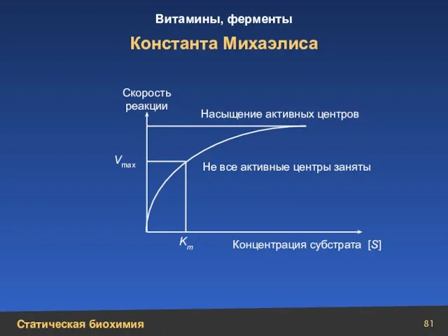 Константа Михаэлиса Km Vmax Насыщение активных центров Скорость реакции Не все активные