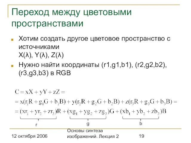 12 октября 2006 Основы синтеза изображений. Лекция 2 Переход между цветовыми пространствами