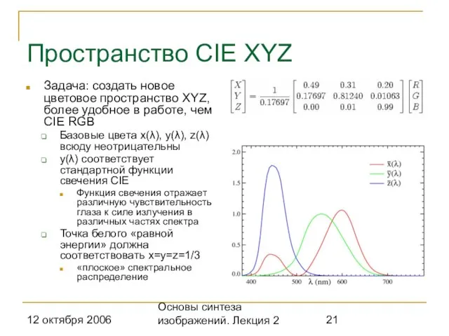 12 октября 2006 Основы синтеза изображений. Лекция 2 Пространство CIE XYZ Задача: