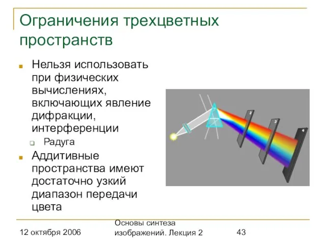 12 октября 2006 Основы синтеза изображений. Лекция 2 Ограничения трехцветных пространств Нельзя