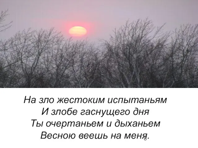 На зло жестоким испытаньям И злобе гаснущего дня Ты очертаньем и дыханьем Весною веешь на меня.