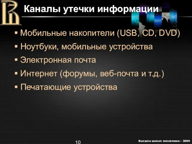 Каналы утечки информации Мобильные накопители (USB, CD, DVD) Ноутбуки, мобильные устройства Электронная