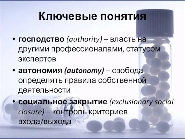 Ключевые понятия господство (authority) – власть на другими профессионалами, статусом экспертов автономия