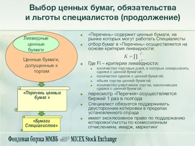 Выбор ценных бумаг, обязательства и льготы специалистов (продолжение) «Перечень» содержит ценные бумаги,