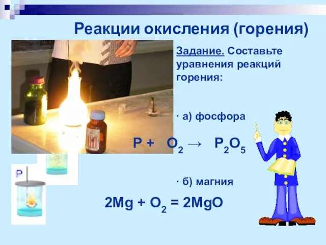 Реакции окисления (горения) Задание. Составьте уравнения реакций горения: ∙ а) фосфора ∙