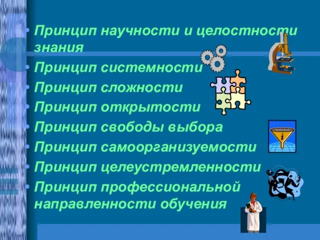 Принцип научности и целостности знания Принцип системности Принцип сложности Принцип открытости Принцип