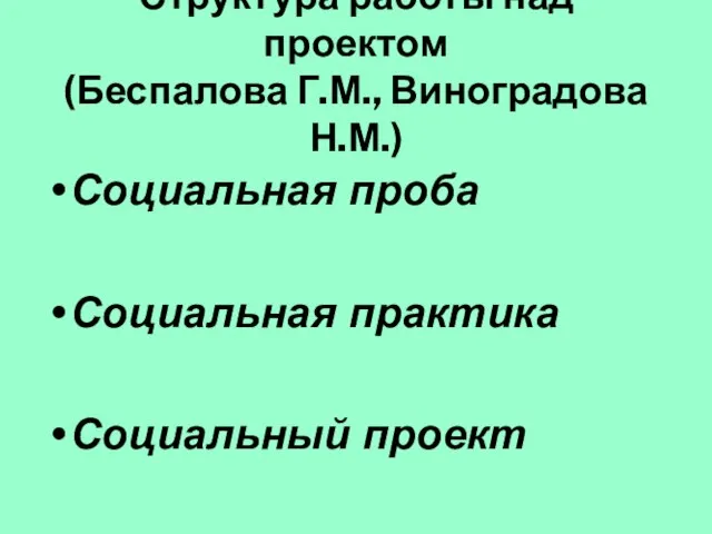 Структура работы над проектом (Беспалова Г.М., Виноградова Н.М.) Социальная проба Социальная практика Социальный проект