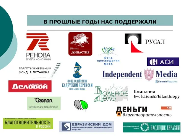 Компания Evolution&Philanthropy В ПРОШЛЫЕ ГОДЫ НАС ПОДДЕРЖАЛИ