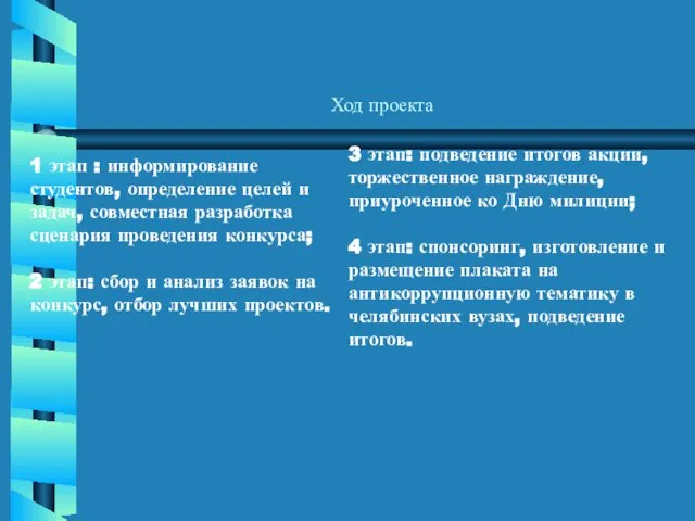 Ход проекта 1 этап : информирование студентов, определение целей и задач, совместная