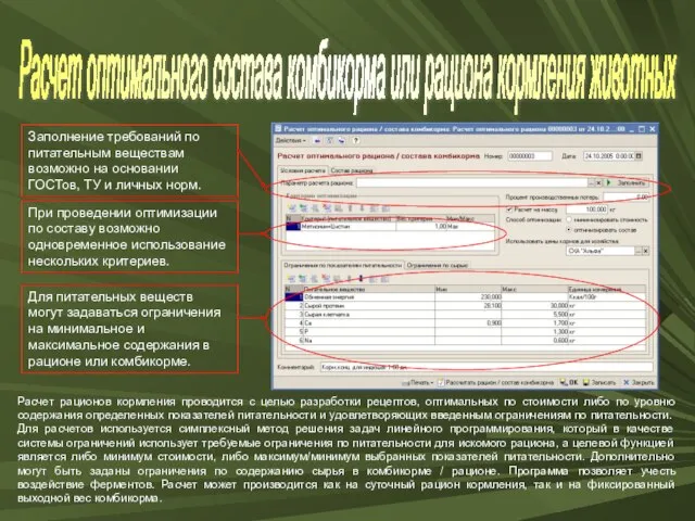 Расчет оптимального состава комбикорма или рациона кормления животных Заполнение требований по питательным