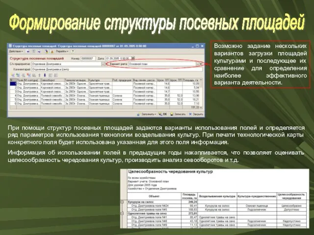 Формирование структуры посевных площадей При помощи структур посевных площадей задаются варианты использования