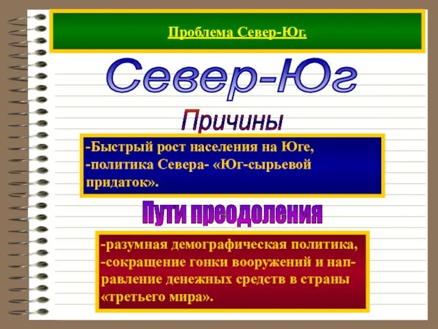 Проблема Север-Юг. Север-Юг Причины -Быстрый рост населения на Юге, -политика Севера- «Юг-сырьевой