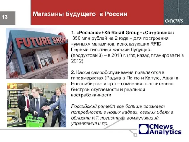 Магазины будущего в России 1. «Роснано»+X5 Retail Group+«Ситроникс»: 350 млн рублей на