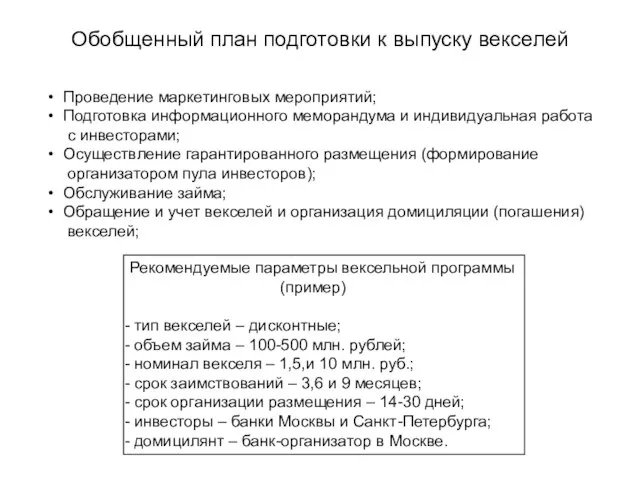 Обобщенный план подготовки к выпуску векселей Проведение маркетинговых мероприятий; Подготовка информационного меморандума