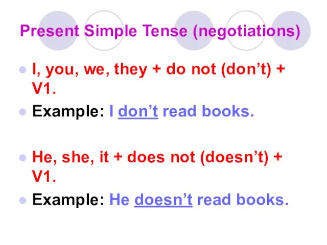 Present Simple Tense (negotiations) I, you, we, they + do not (don’t)