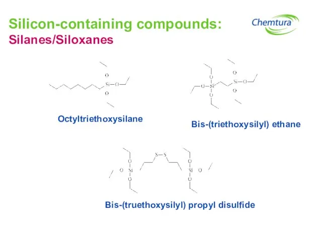 Silicon-containing compounds: Silanes/Siloxanes Octyltriethoxysilane Bis-(triethoxysilyl) ethane Bis-(truethoxysilyl) propyl disulfide