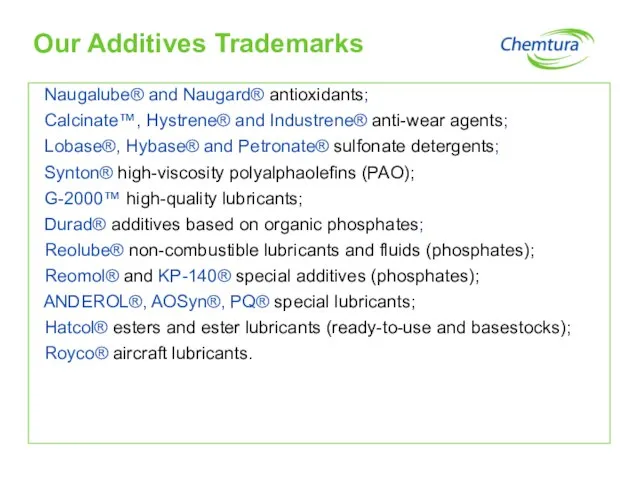 Our Additives Trademarks Naugalube® and Naugard® antioxidants; Calcinate™, Hystrene® and Industrene® anti-wear