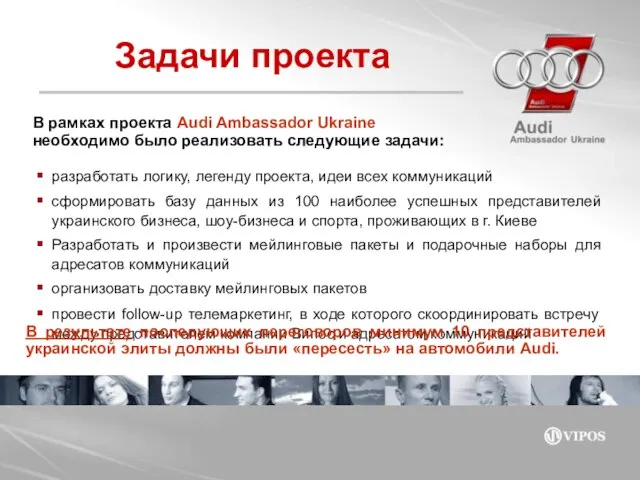 В рамках проекта Audi Ambassador Ukraine необходимо было реализовать следующие задачи: Задачи