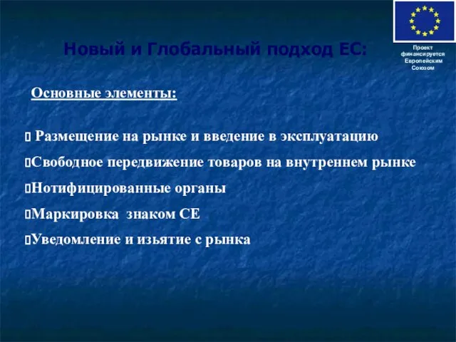 Новый и Глобальный подход ЕС: Проект финансируется Европейским Союзом Основные элементы: Размещение