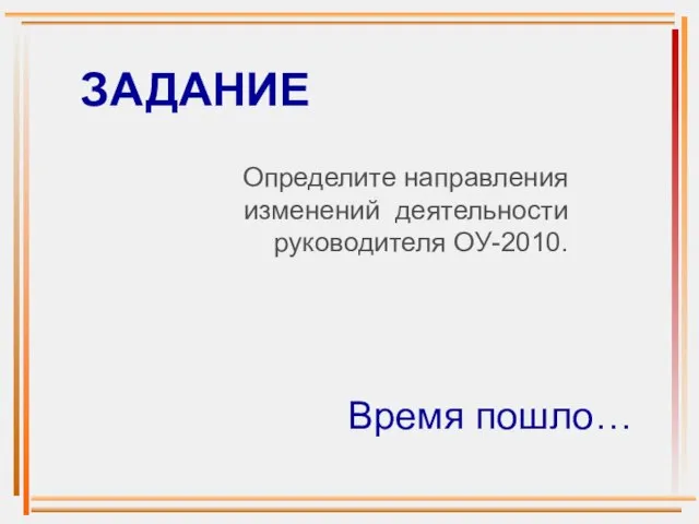 ЗАДАНИЕ Определите направления изменений деятельности руководителя ОУ-2010. Время пошло…