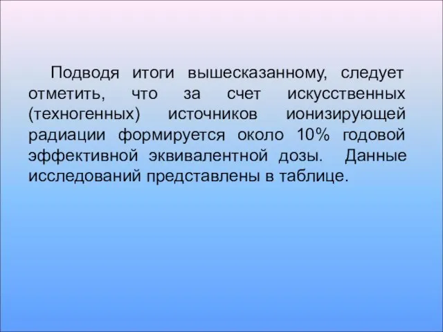 Подводя итоги вышесказанному, следует отметить, что за счет искусственных (техногенных) источников ионизирующей