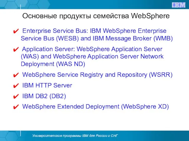 Основные продукты семейства WebSphere Enterprise Service Bus: IBM WebSphere Enterprise Service Bus