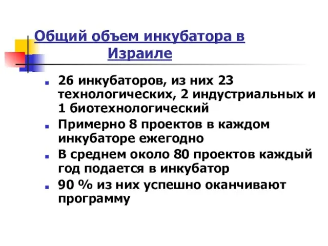 Общий объем инкубатора в Израиле 26 инкубаторов, из них 23 технологических, 2