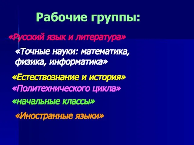 Рабочие группы: «Русский язык и литература» «Точные науки: математика, физика, информатика» «Естествознание