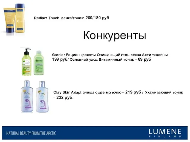 Конкуренты Radiant Touch пенка/тоник: 200/180 руб Garnier Рацион красоты Очищающий гель-пенка Анти-токсины