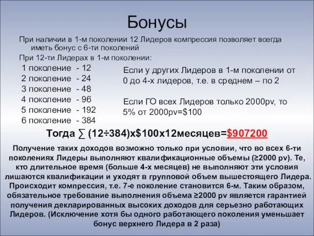 Бонусы При наличии в 1-м поколении 12 Лидеров компрессия позволяет всегда иметь