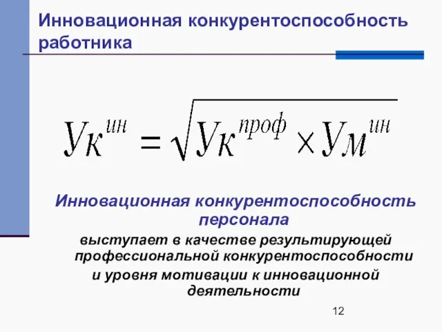 Инновационная конкурентоспособность работника Инновационная конкурентоспособность персонала выступает в качестве результирующей профессиональной конкурентоспособности