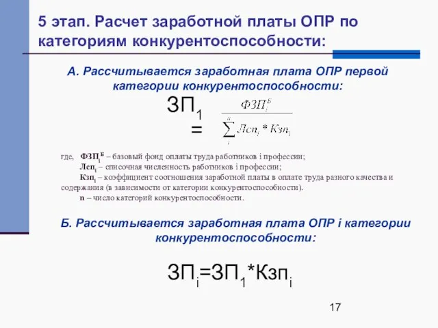 5 этап. Расчет заработной платы ОПР по категориям конкурентоспособности: ЗПi=ЗП1*Кзпi ЗП1 =