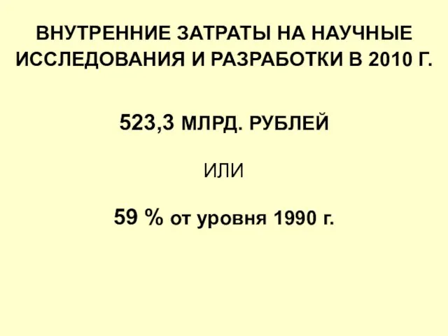 ВНУТРЕННИЕ ЗАТРАТЫ НА НАУЧНЫЕ ИССЛЕДОВАНИЯ И РАЗРАБОТКИ В 2010 Г. 523,3 МЛРД.