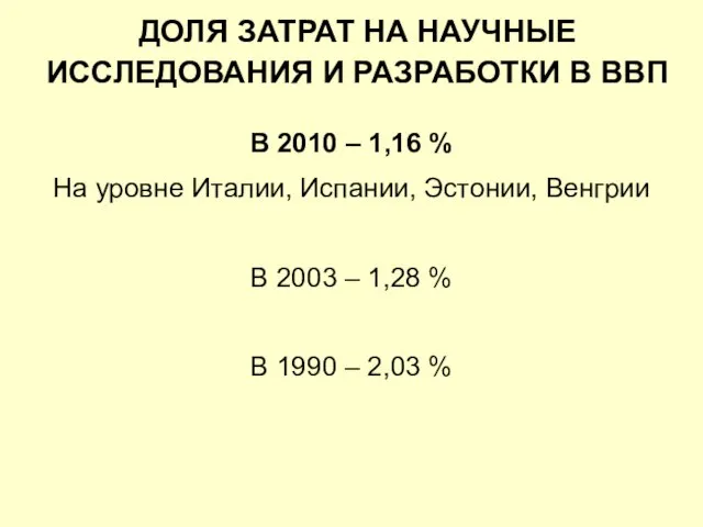 ДОЛЯ ЗАТРАТ НА НАУЧНЫЕ ИССЛЕДОВАНИЯ И РАЗРАБОТКИ В ВВП В 2010 –