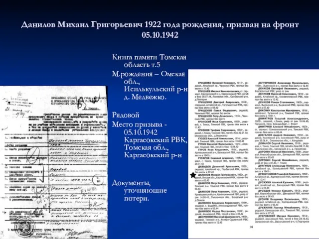 Данилов Михаил Григорьевич 1922 года рождения, призван на фронт 05.10.1942 Книга памяти