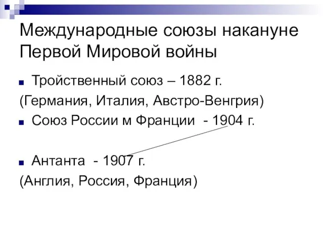 Международные союзы накануне Первой Мировой войны Тройственный союз – 1882 г. (Германия,