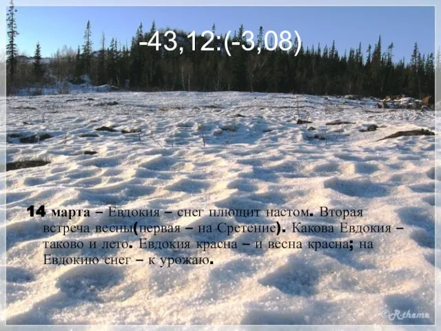 -43,12:(-3,08) 14 марта – Евдокия – снег плющит настом. Вторая встреча весны(первая