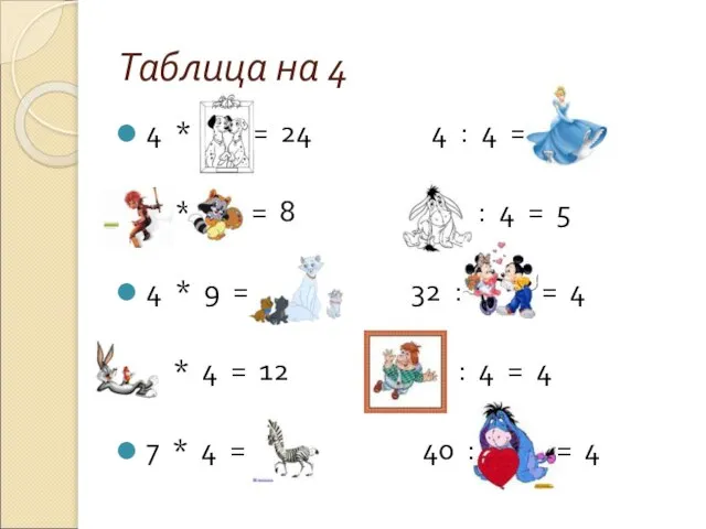 Таблица на 4 4 * 6 = 24 4 : 4 =