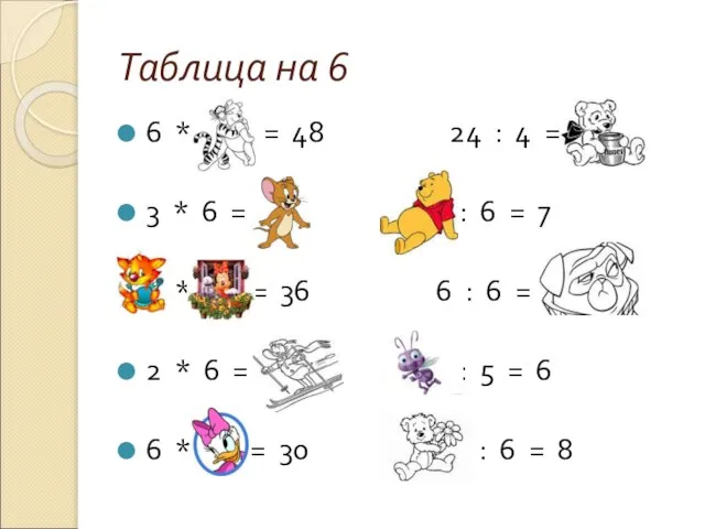 Таблица на 6 6 * 8 = 48 24 : 4 =