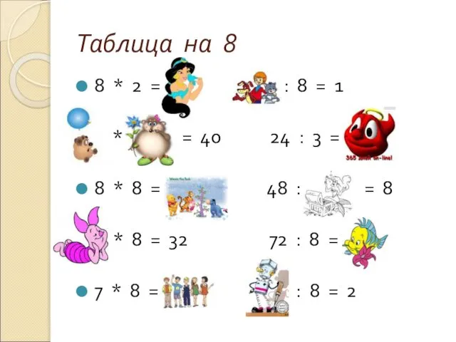 Таблица на 8 8 * 2 = 16 8 : 8 =