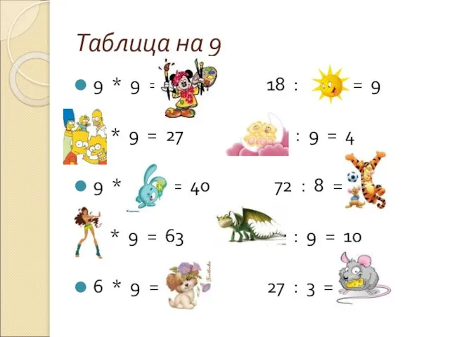 Таблица на 9 9 * 9 = 81 18 : 2 =